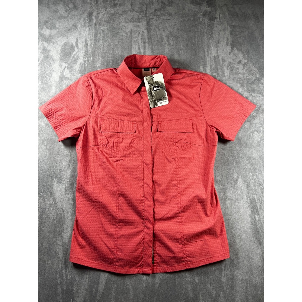 NEW REI Bryce Sun Shirt Womens Medium Red Short Sleeve Hiking Button Up UPF 30+